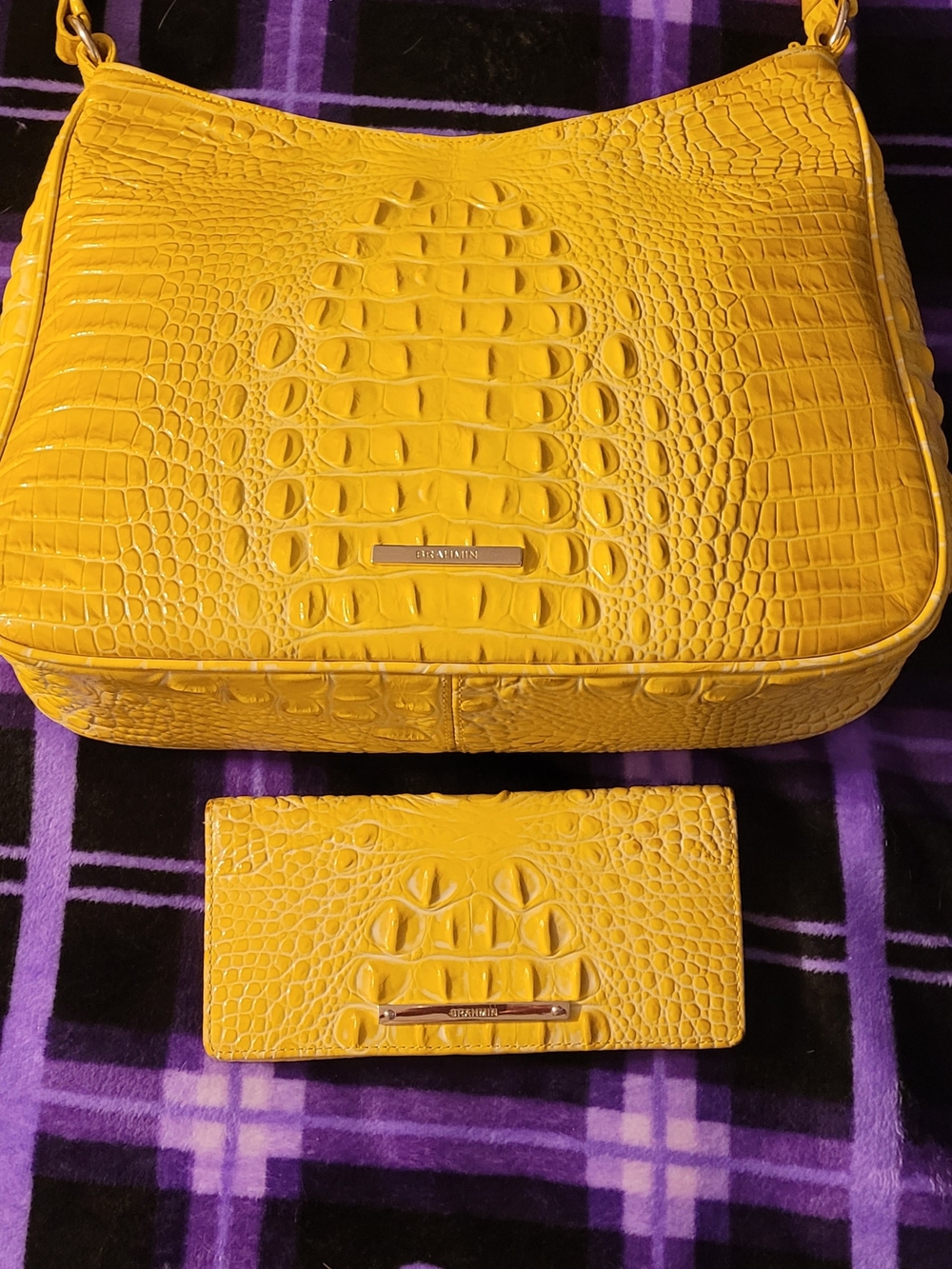 Brahmin Yellow Croc-Embossed Shoulder Bag with Matching Wallet Like New